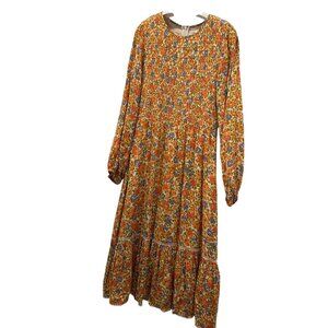 Lost + Wander Orange floral FALL smocking maxi prairie dress M